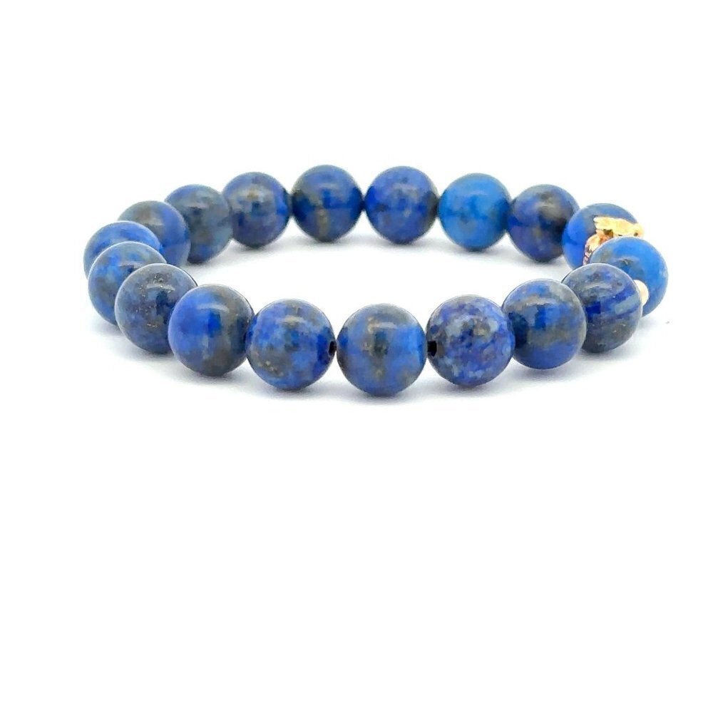 18K Gold Money Bag Lucky Charm Beads Bracelet Gemstones Lapis Lazuli 8mm - Picture 3 of 9